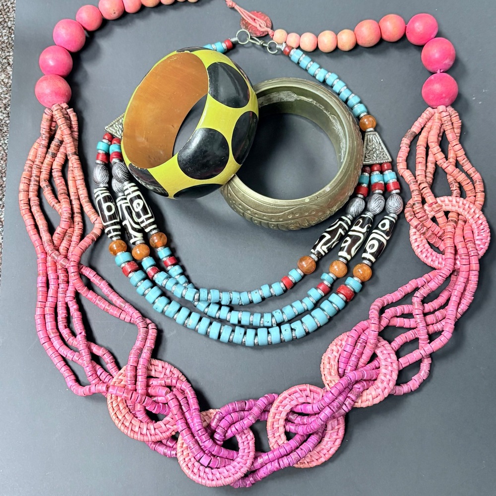 Vintage Boho Jewelry Bundle | 2 Necklaces 2 Bangles | Colorful Beaded Set |